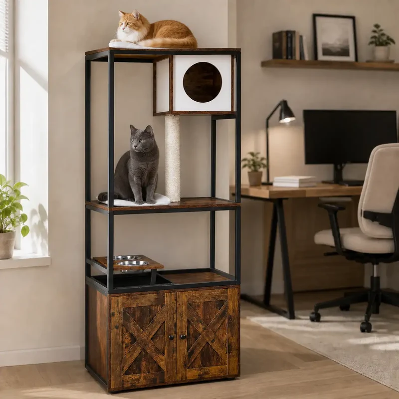 Arbre à chat avec cache litière 4 niveaux – Marron rustique