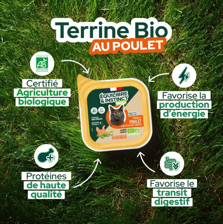 Terrine Bio Volaille pour Chat - 85gr - Equilibre & Instinct