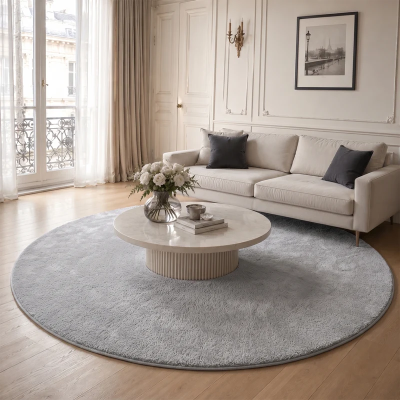 Tapis de salon poils ras doux antiderapant ф200cm uni gris