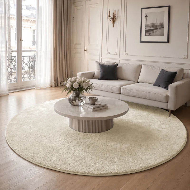 Tapis de salon poils ras doux antiderapant ф200cm uni beige