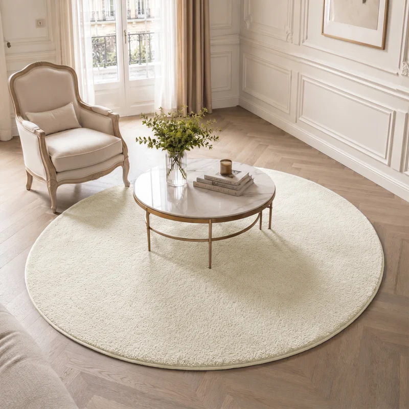 Tapis de salon poils ras doux antiderapant ф160cm uni beige