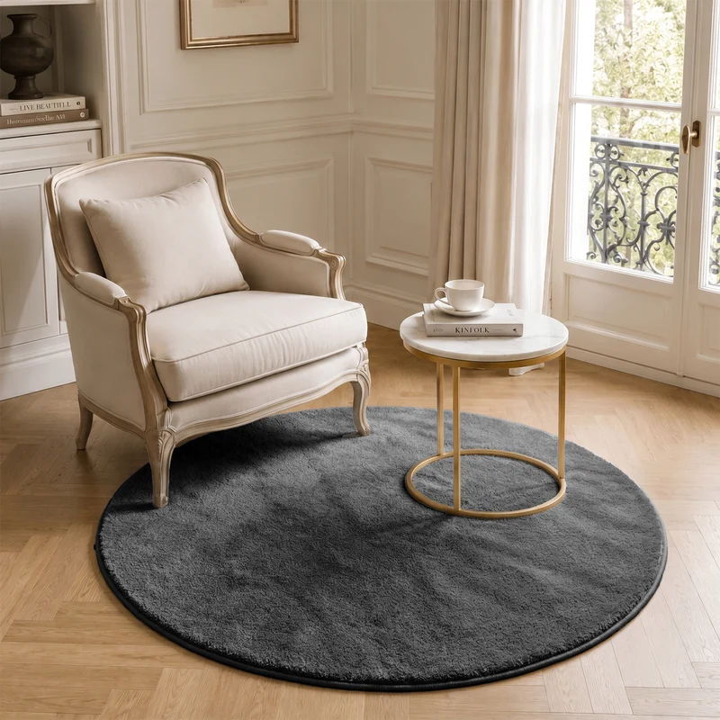 Tapis de salon poils ras doux antiderapant ф120cm uni anthracite