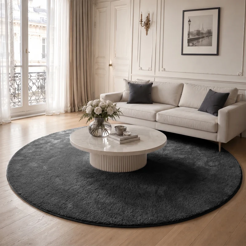 Tapis de salon poils ras doux antiderapant ф200cm uni anthracite