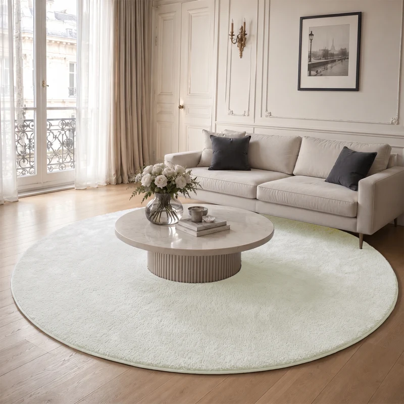 Tapis de salon poils ras doux antiderapant ф200cm uni crème