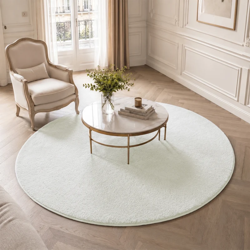 Tapis de salon poils ras doux antiderapant ф160cm uni crème