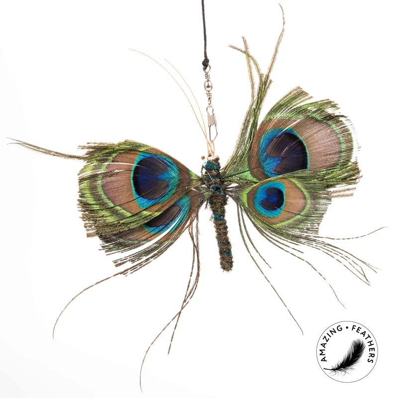 Pendentif pour canne à chat en plumes naturelles - Papillon Paon scintillant