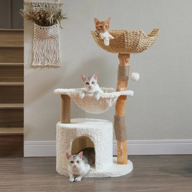Arbre a chat bois flotté avec panier rotin