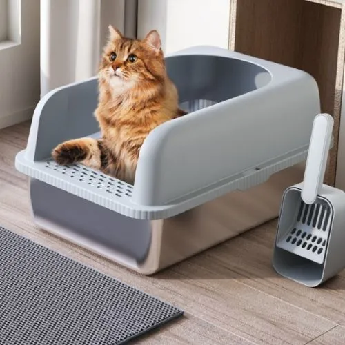 Bac à litière chat XXL - En Acier Inoxydable, avec tapis et pelle