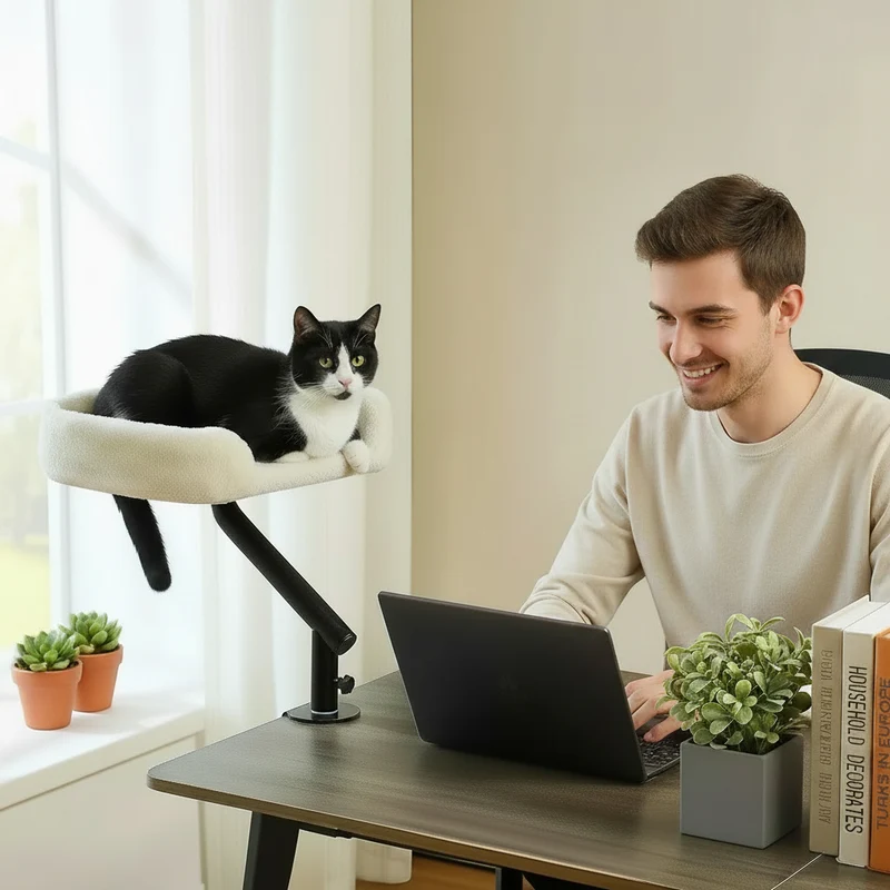 Lit de Bureau pour Chat Rotatif 360° – Panier Suspendu