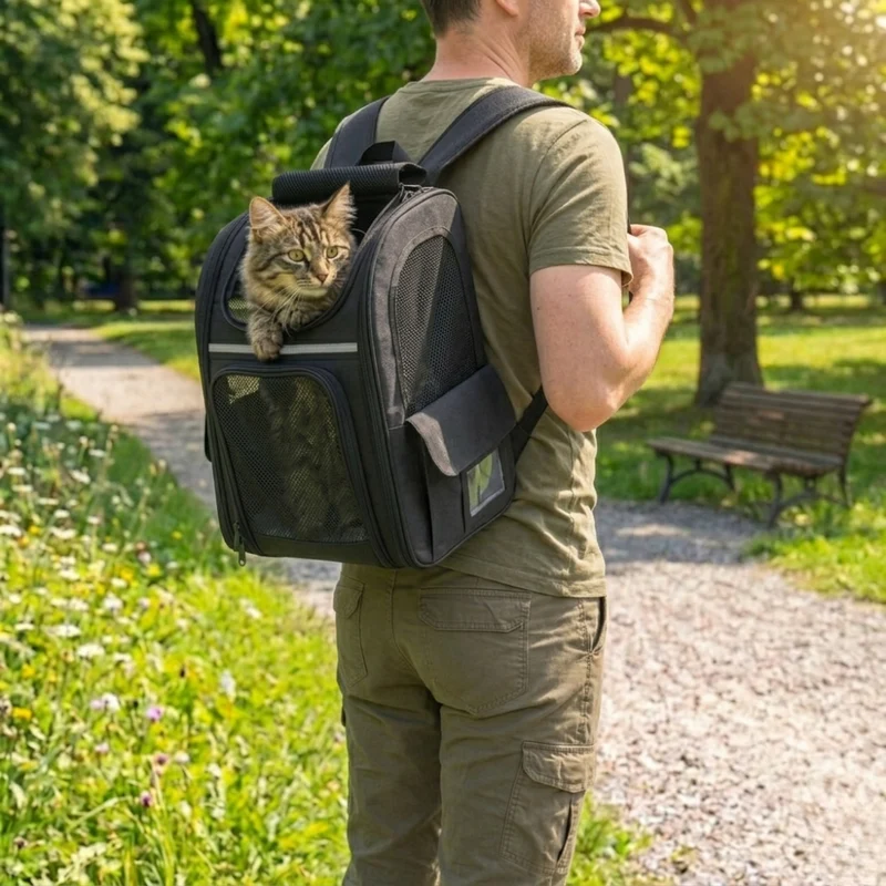 Sac à dos de transport pour chat pliable avec compartiment latéral en maille dépliable