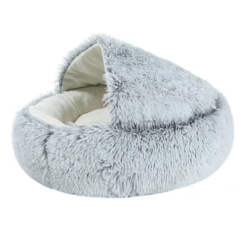 Panier chat semi-fermé en peluche avec ouverture frontale