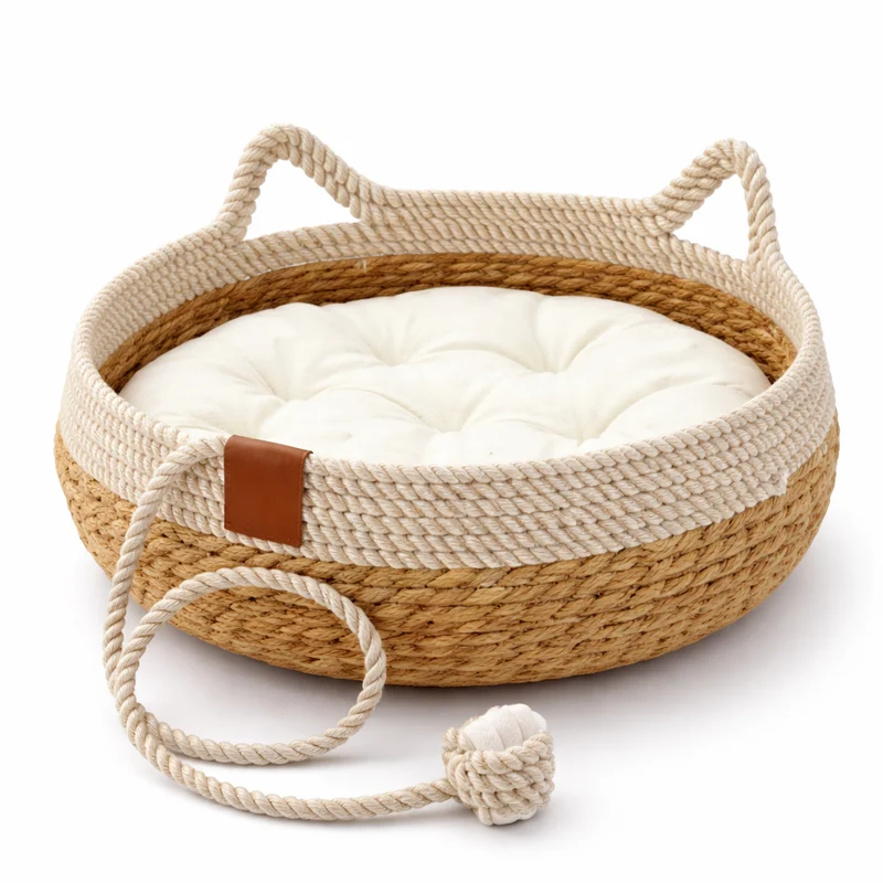 Panier rond en corde tressée pour chat avec coussin amovible