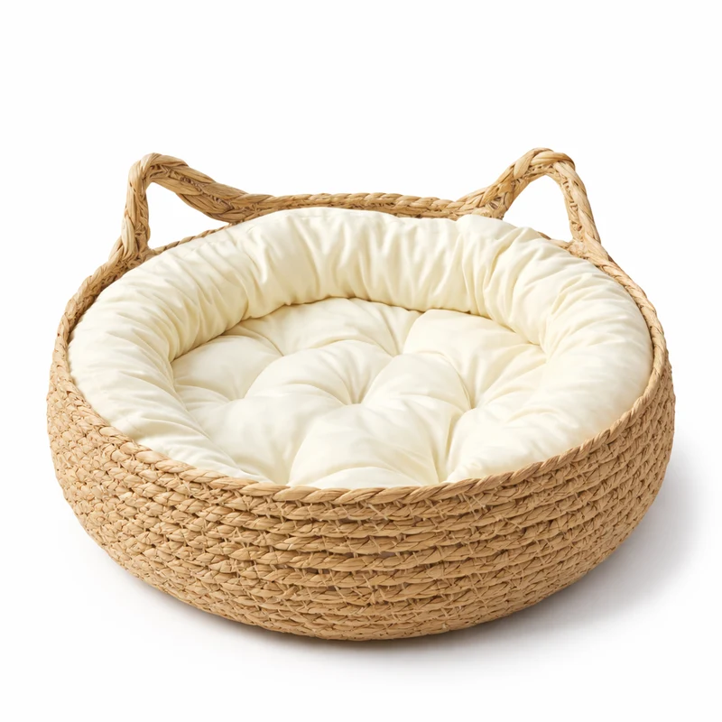 Panier rond en fibres tressées pour chat avec coussin amovible 46 cm