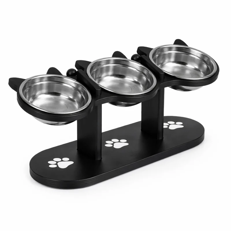 Support gamelle chat réglable avec 3 bols inox