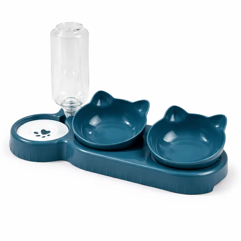 Distributeur de croquettes pour chat avec réservoir d’eau et double bol