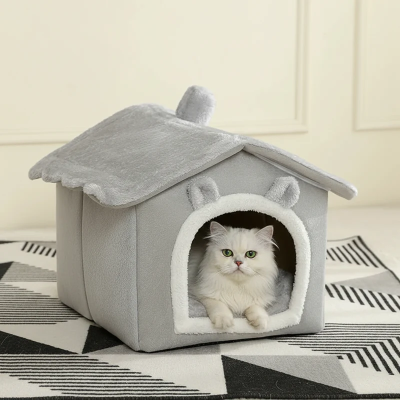 Maison pour chat pliable & lavable en coton – Grotte cosy