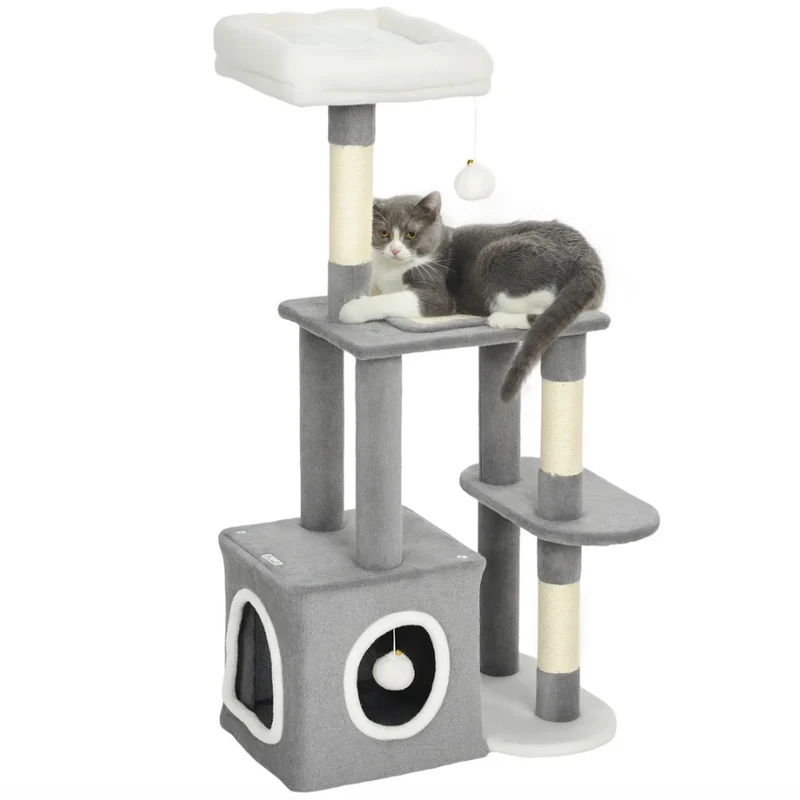 Arbre à chat multi-niveaux avec niche, plateformes et poteaux sisal – 107 cm