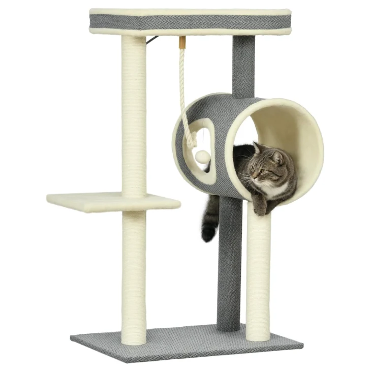 Arbre à chat avec tunnel, plateformes et poteaux sisal – 104 cm