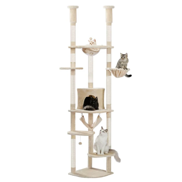 Arbre à chat réglable du sol au plafond avec plateformes, niche et hamacs