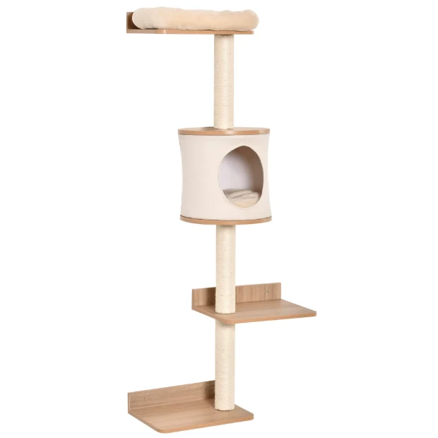 Arbre à chat mural avec plateformes, poteaux en sisal et niche