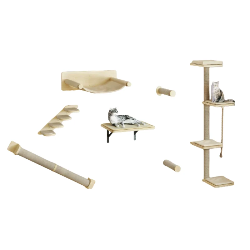 Ensemble mural pour chat en bois avec plateformes, hamac, marches et griffoirs