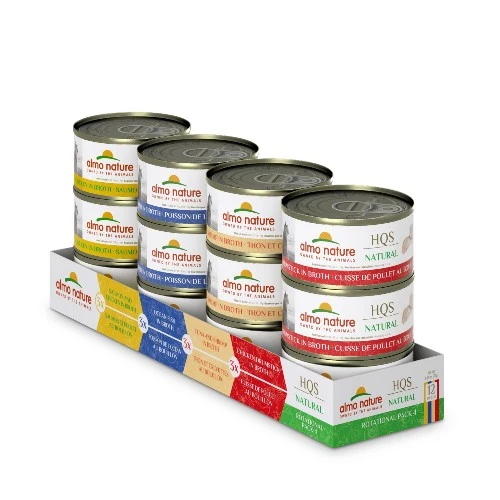 Almo Nature HQS Natural chat - Caisse rotationnel #4 - Poulet / saumon & poulet / poisson / thon & anchois 12 x 70 gr