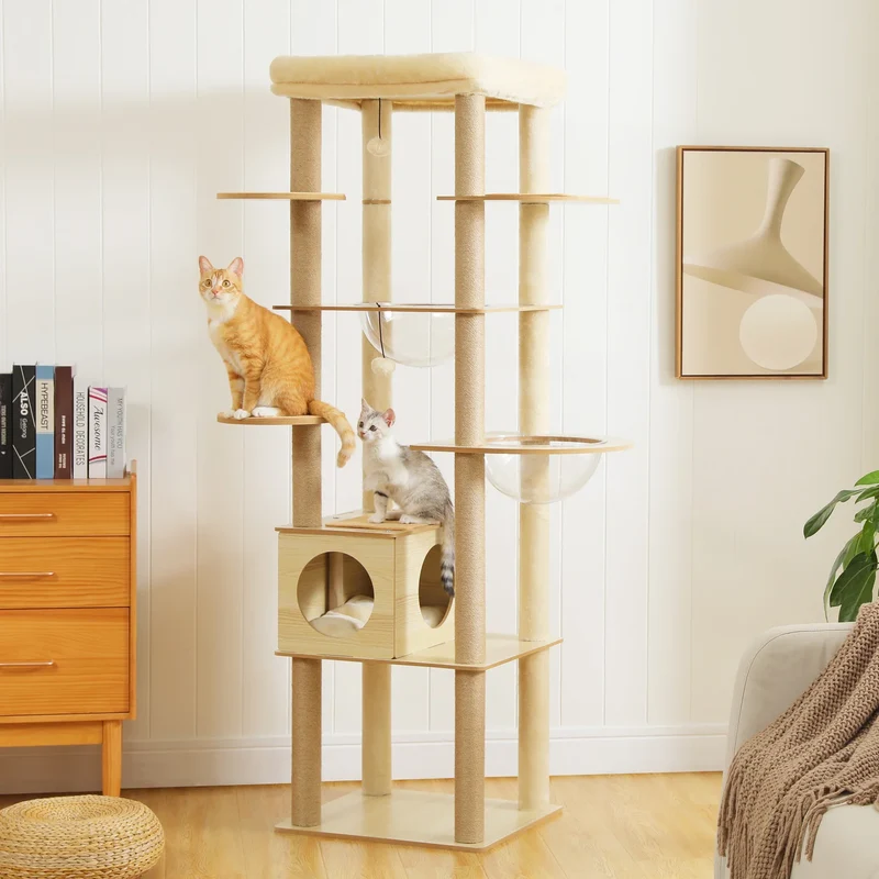 Arbre à chat bois XXL design scandinave avec bulles transparentes – Royaume Félin