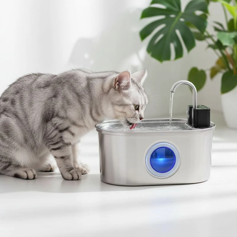Fontaine à eau pour chat sans électricité en inox avec capteur - Purwater™