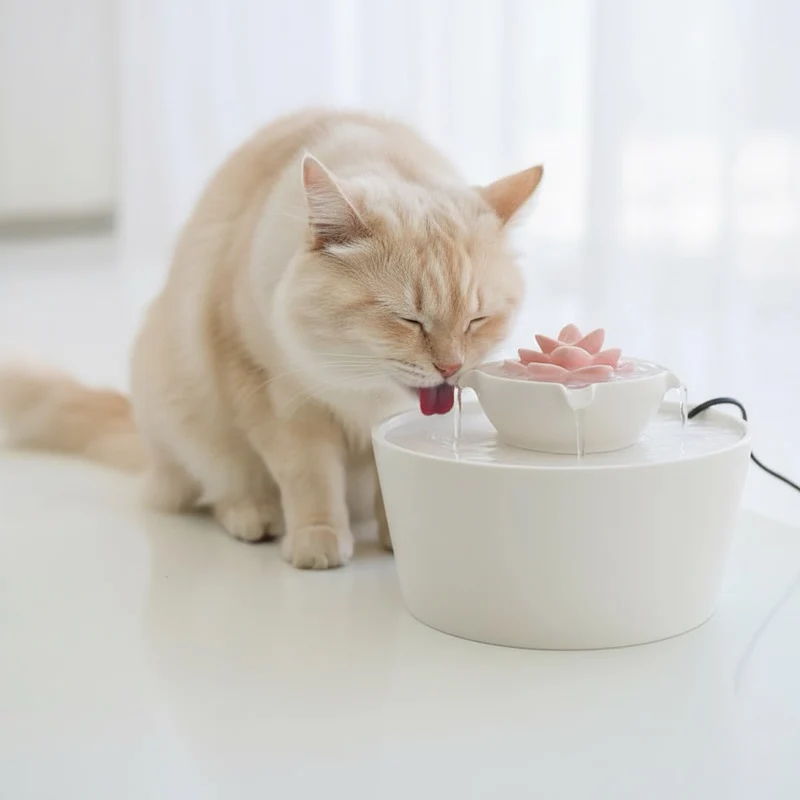 FONTAINE CERAMIQUE CHAT DESIGN FLEUR LOTUS