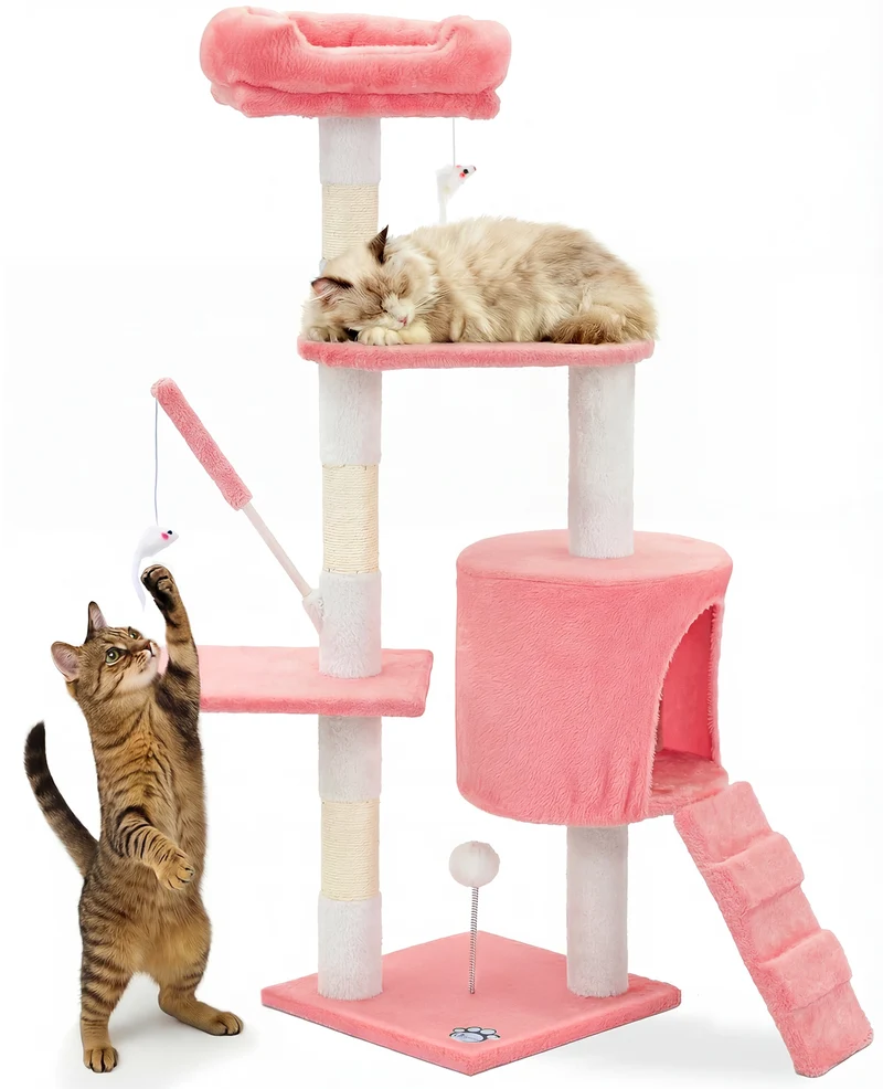 Arbre a chat 112cm multi niveaux Griffoir et niche Rose