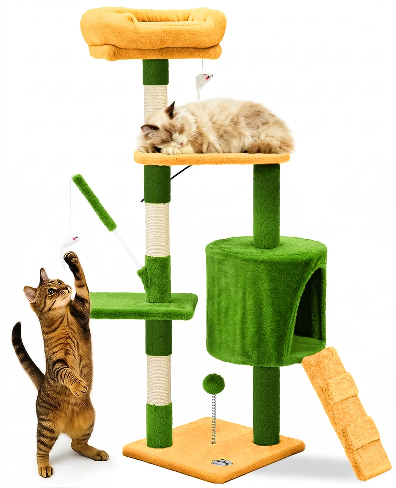 Arbre a chat 112cm multi niveaux Griffoir et niche Vert Orange
