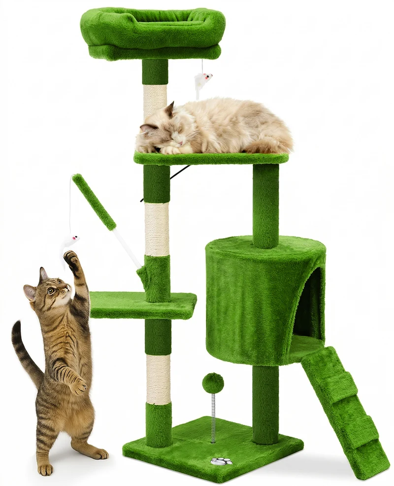 Arbre a chat 112cm multi niveaux Griffoir et niche Vert