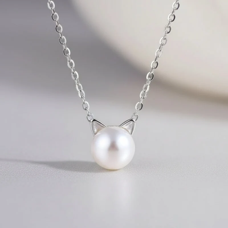 Collier pendentif chat avec perle argent - CatPearl