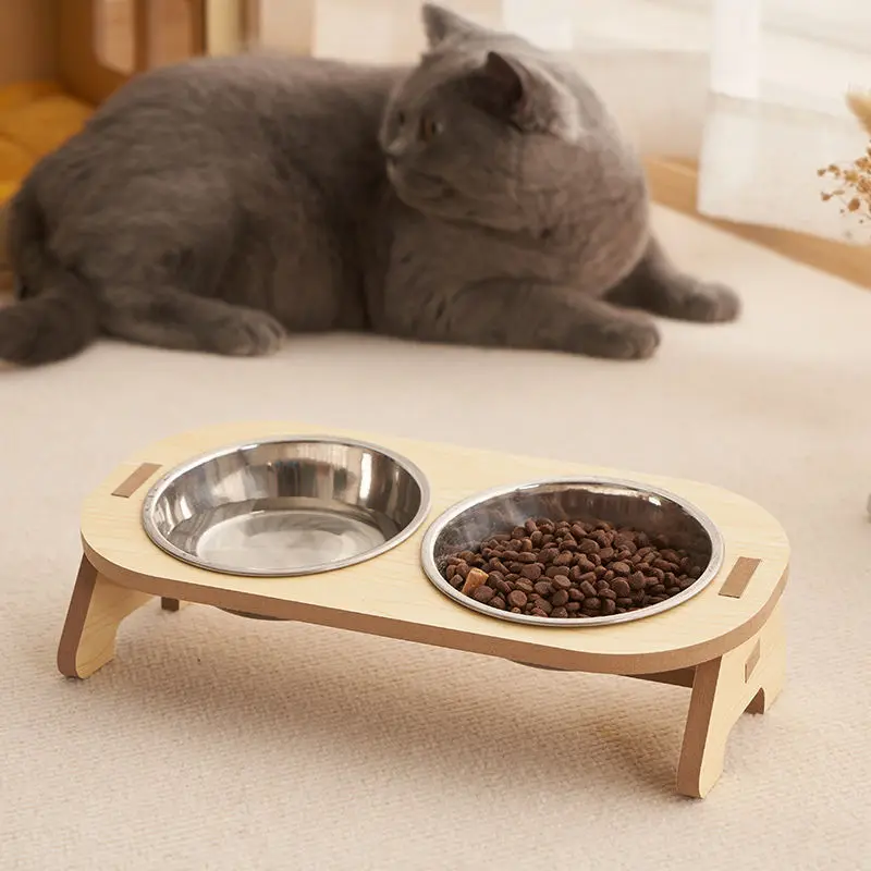 Gamelle chat – Bol inox support bois surélevé - CatWood