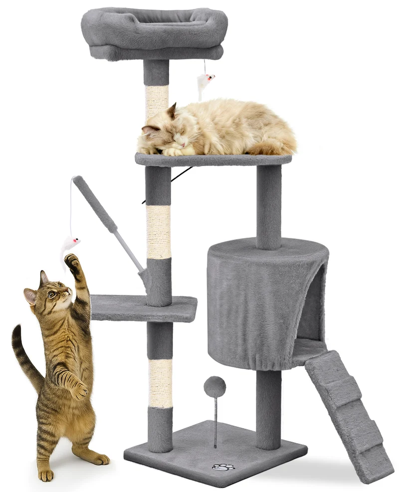 Arbre a chat 112cm multi niveaux Griffoir et niche Gris