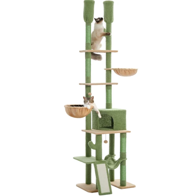 Arbre à chat réglable sol plafond 216–285 cm avec niche, paniers, hamac et poteaux en sisal