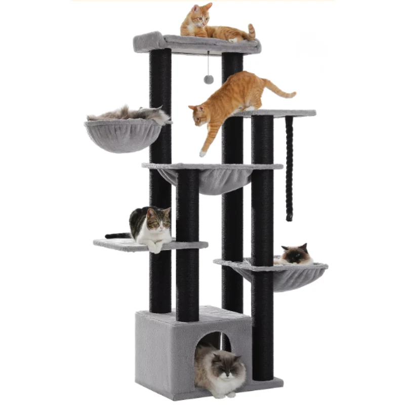 Arbre à chat multi-niveaux 170 cm avec niche, hamacs et poteaux en sisal