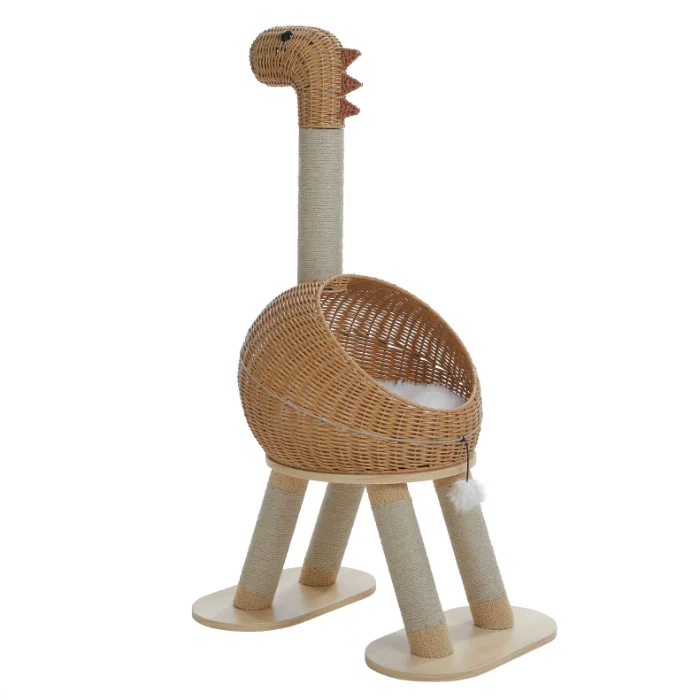 Arbre à chat dinosaure en rotin avec coussin et poteaux en sisal 116 cm