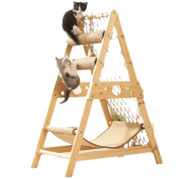 Arbre à chat triangulaire en bois avec filet d’escalade et hamac 85 cm