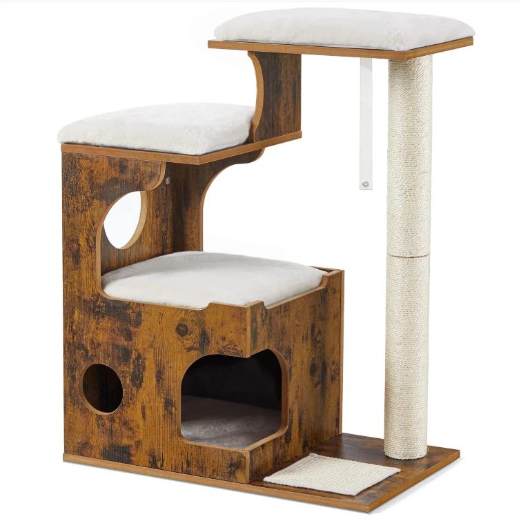 Arbre à chat en MDF avec niche, plateformes et poteau en sisal 86 cm