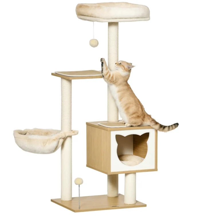 Arbre à chat en bois avec niche, hamac et plateformes 126 cm