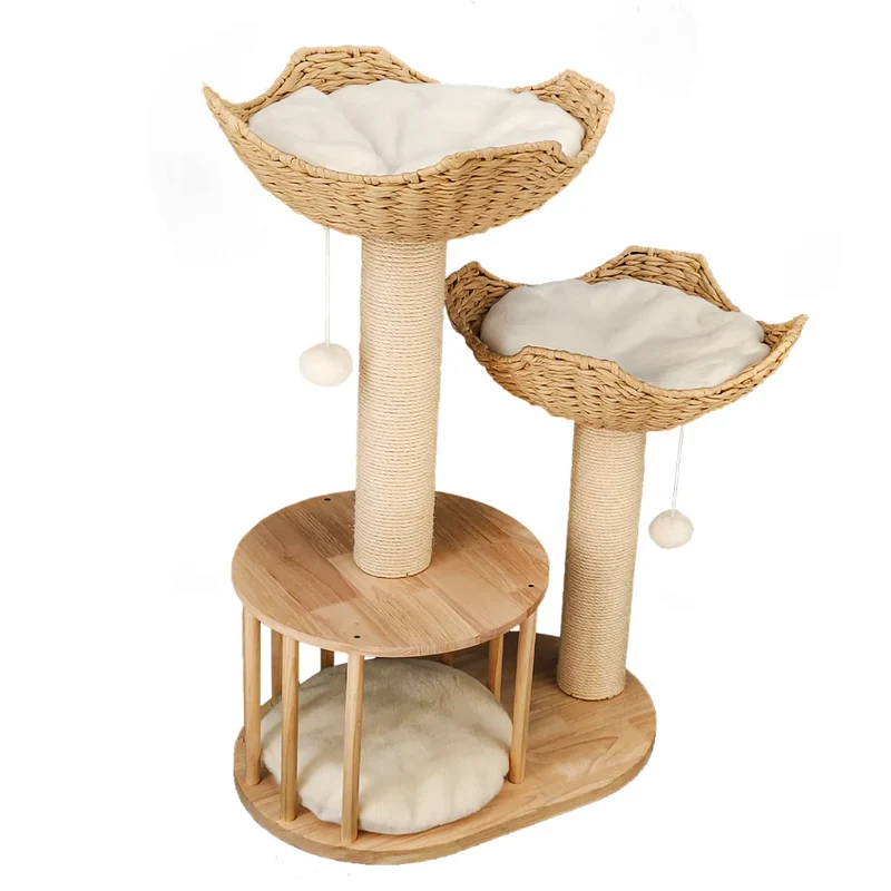 Arbre à chat en bois avec paniers tressés et griffoir en sisal 111 cm