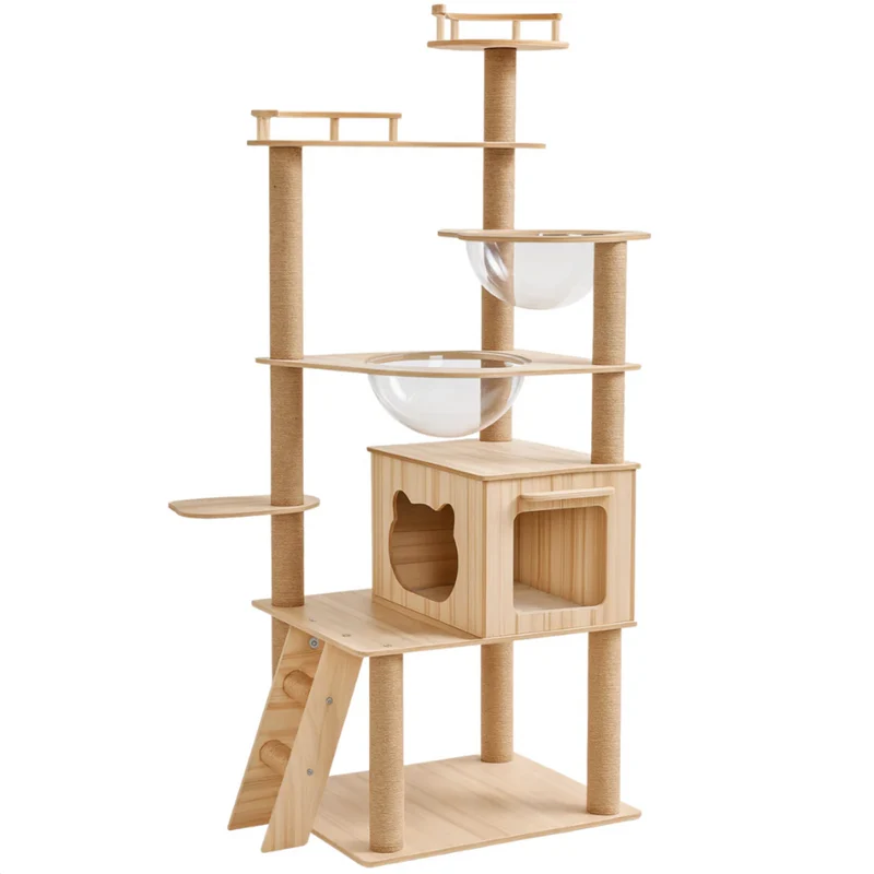 Arbre à chat en bois multi-niveaux avec niche et hamacs transparents 170 cm