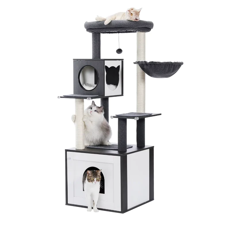 Arbre à chat en bois avec niche fermée et hamac 144 cm