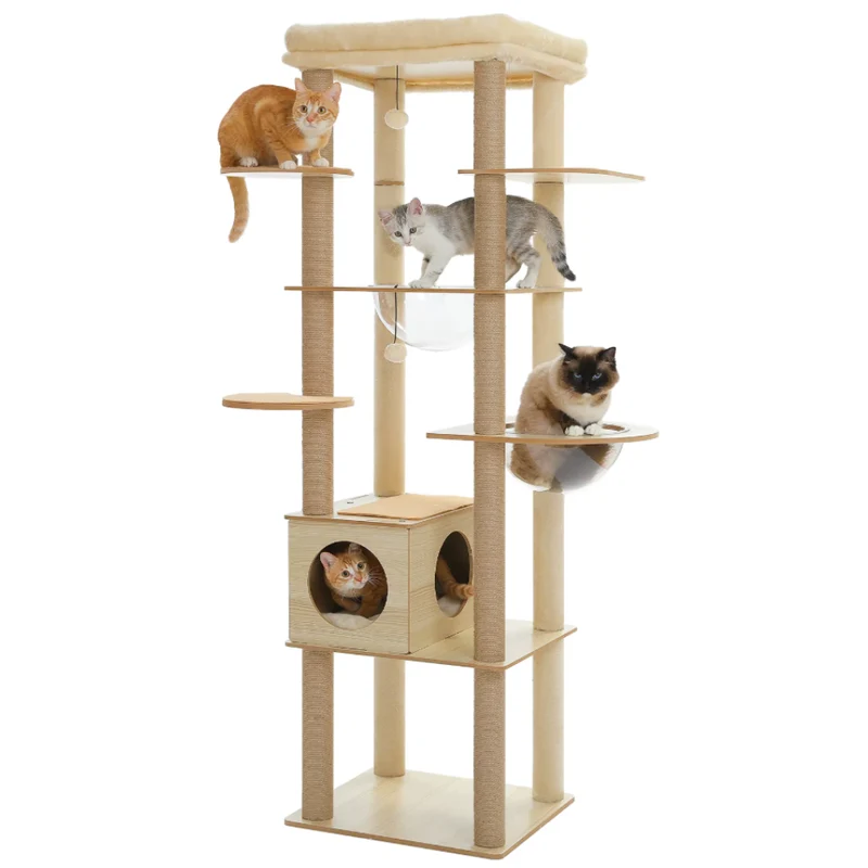 Arbre à chat en bois multi-niveaux 150–180 cm avec plateformes et niche