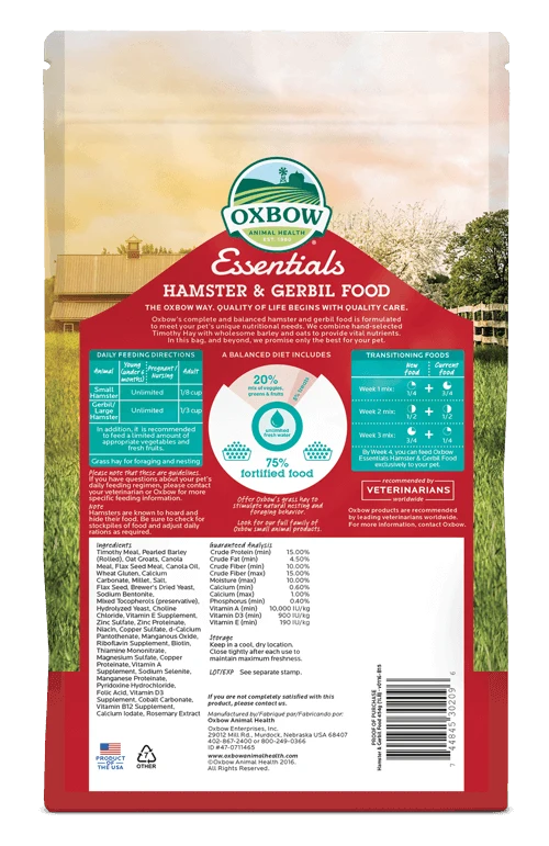 Oxbow Essentials - Nourriture pour Hamster et Gerbils 1lb - Lapin et petit rongeurs
