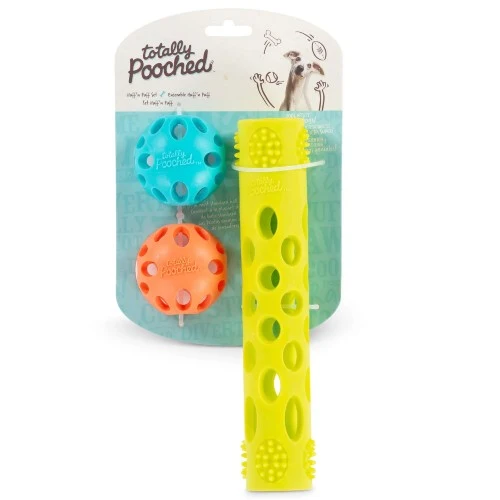 Messy Mutts "Totally Pooched, Huff'n Puff" Ensemble de 3 jouets pour chien - 2 Balles + 1 Bâton