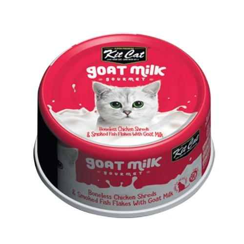 Conserve pour chat Kit Cat - Poulet effiloché et Poisson Fumé au lait de chèvre 70g