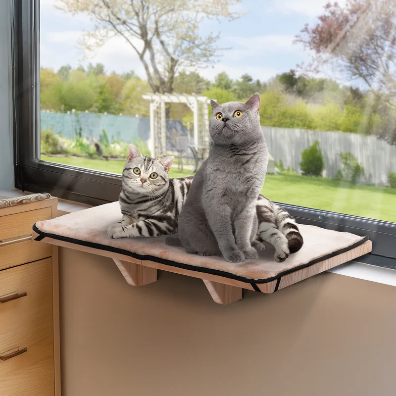 PETSFIT Adjustable Cat Window Perch with Wood Frame & Removable Pads