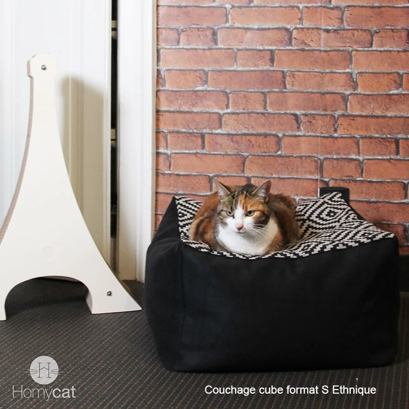 Cube Ethnique noir - Couchage pouf chat design